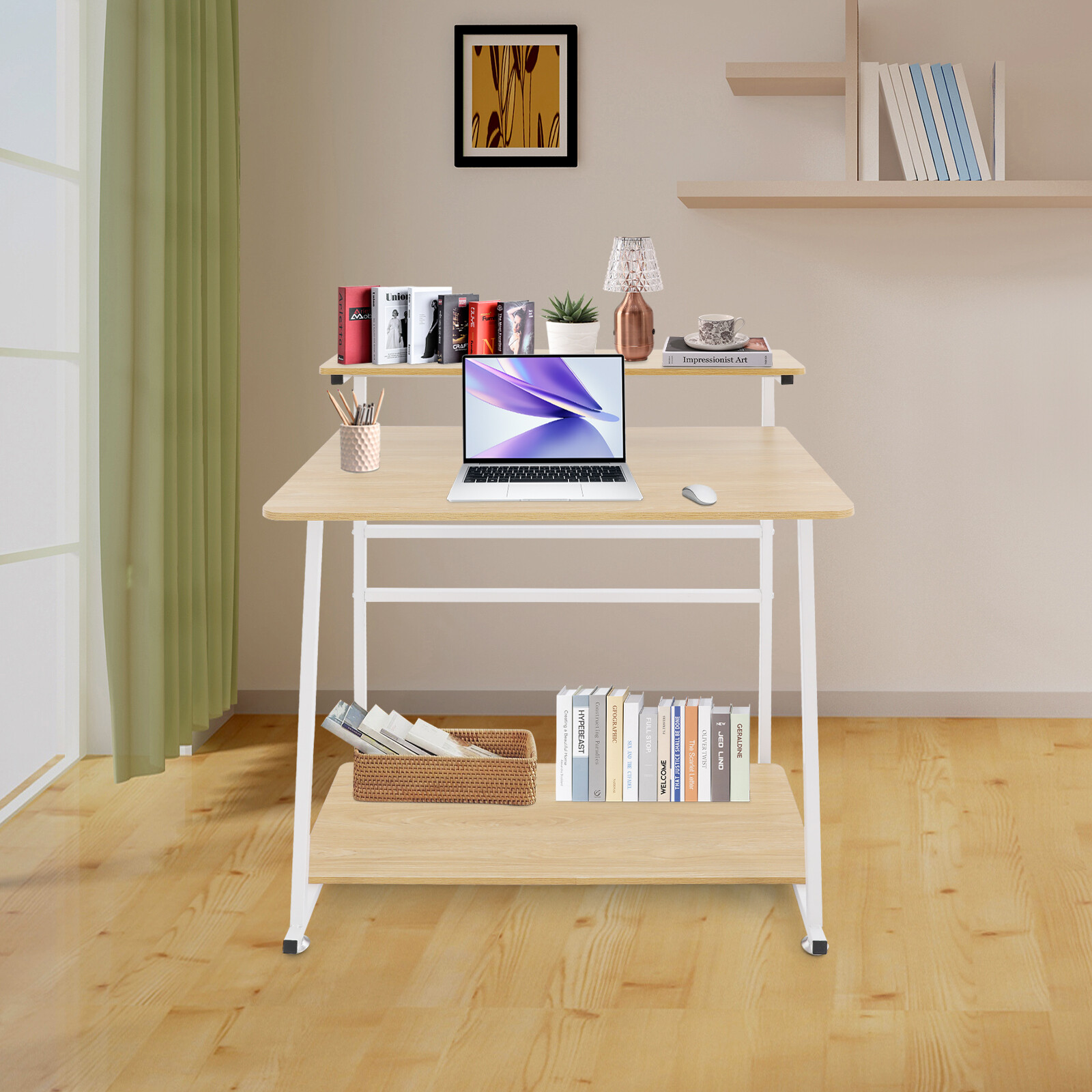 3-tier Computer Desk, Home Office Desk, Rolling Computer Desk, White, Log Color