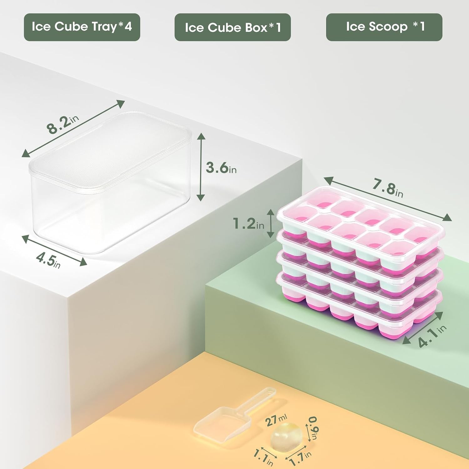 Silicone Ice Cube Trays 4 Pack with Lid Bin Scoop, Stackable Easy Release