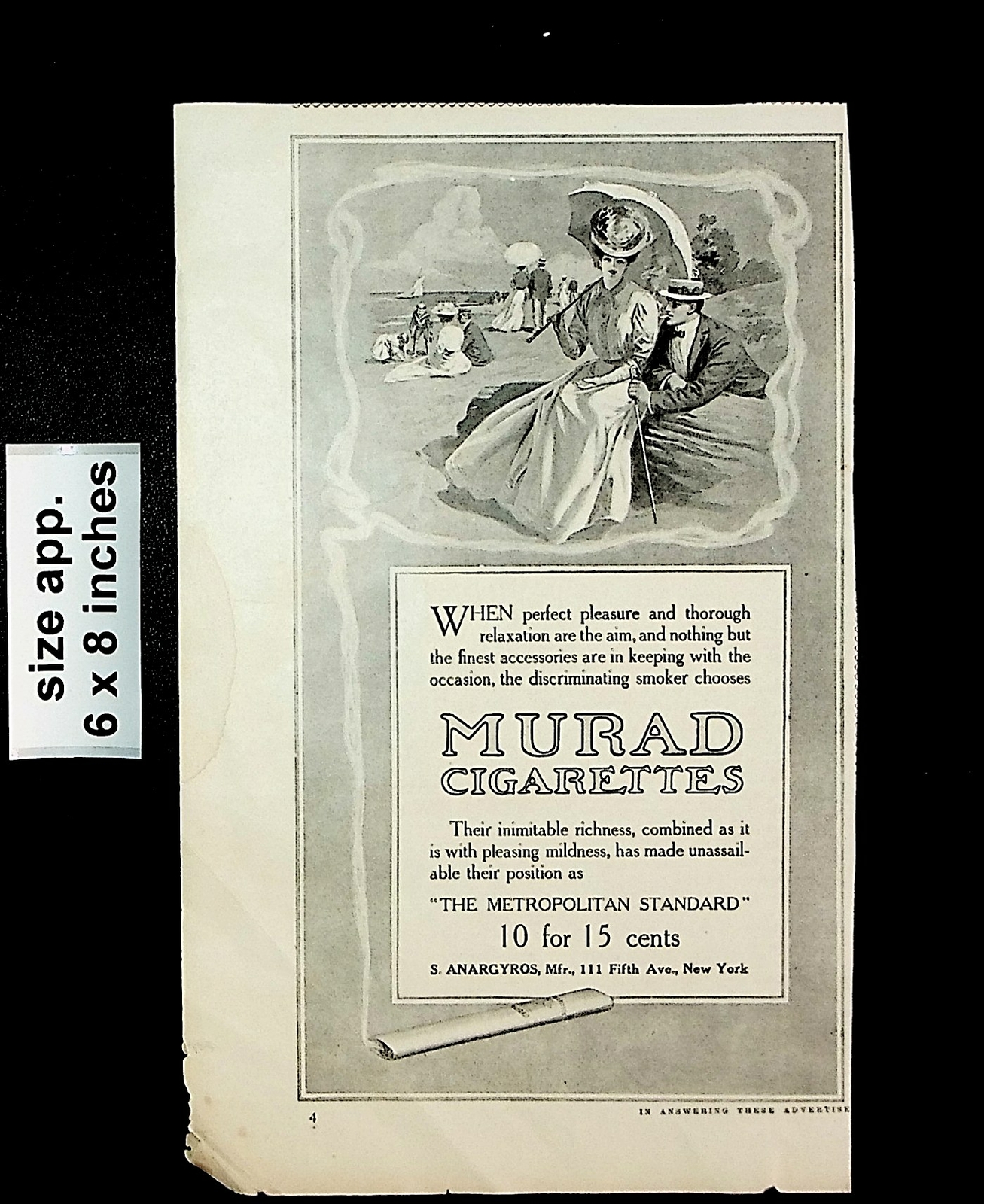 1907 Murad Cigarettes Metropolitan Standard Woman Park Vintage Print Ad 26601