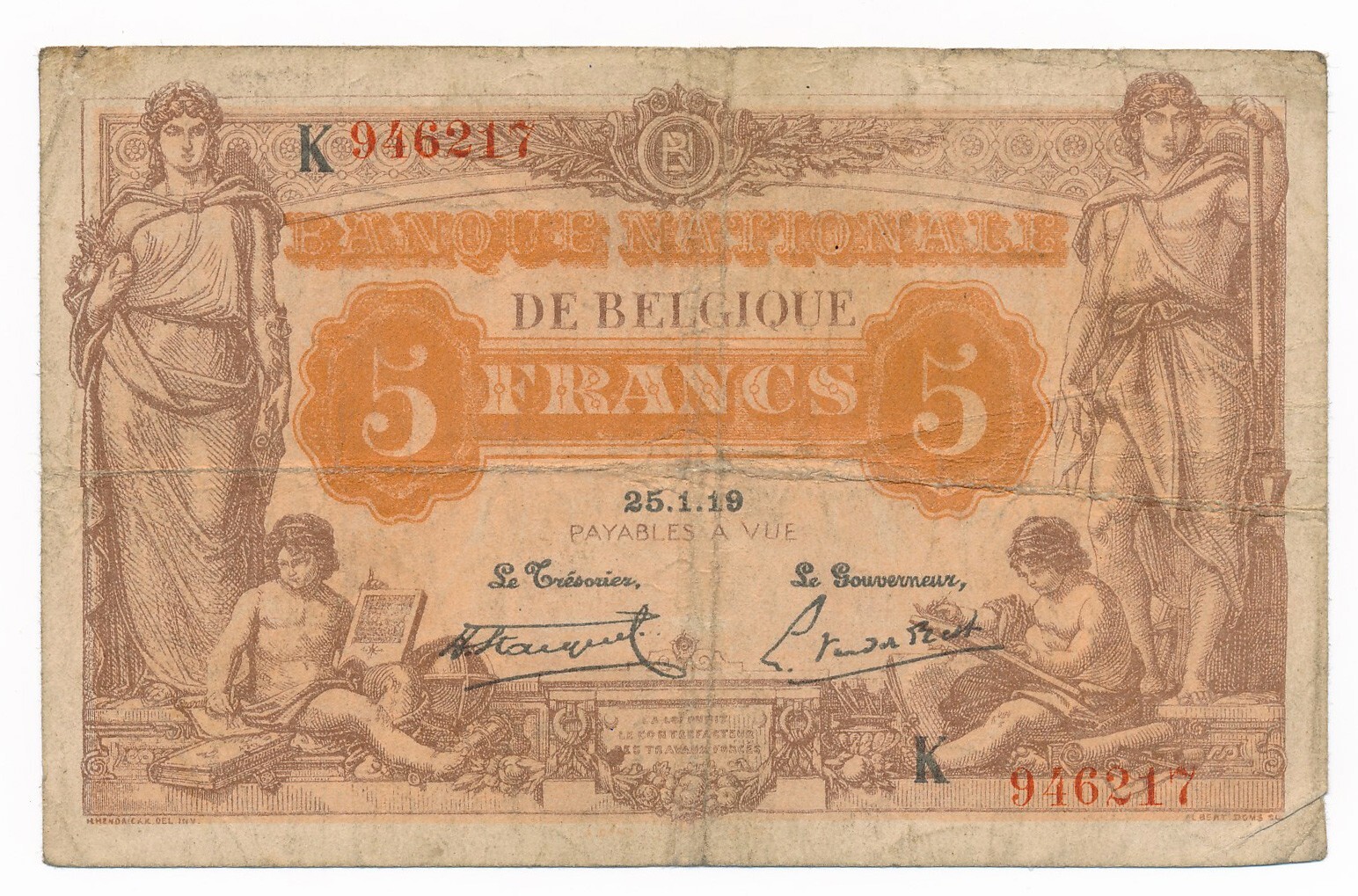 Belgium 5 Francs 1919 P.  74 Fine Note