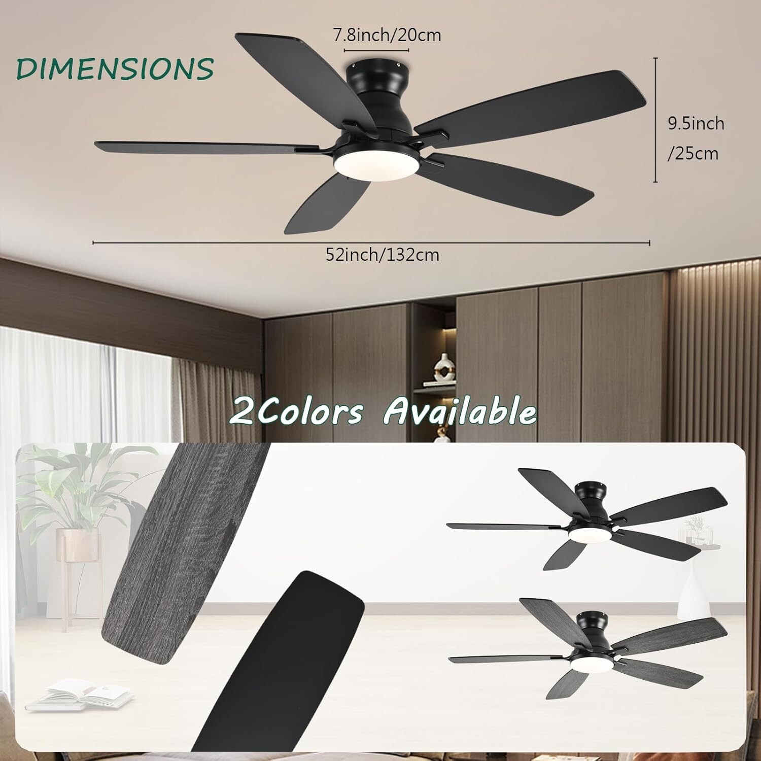 52" Flush Mount Ceiling Fan with Lights, Remote/APP Control, DC Motor