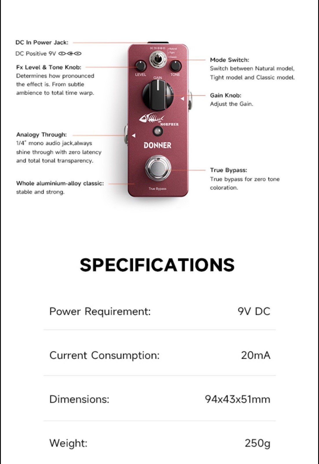 Donner Morpher Distortion Mini Guitar Effects Pedal – Heavy Gain - New Condition