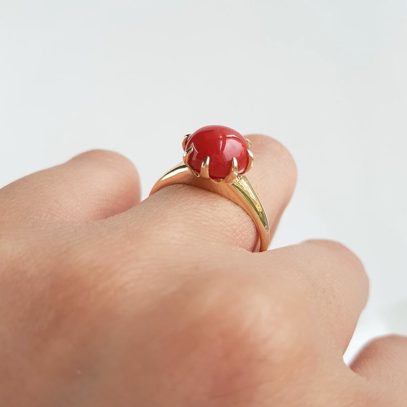 14k Yellow Gold Natural Red Coral Multi Prong Set Ring, Dainty Wedding Ring Her