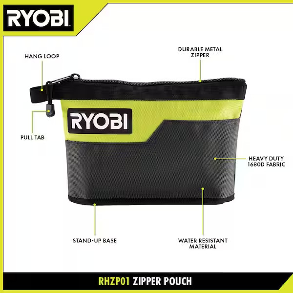 Ryobi Waterproof 12 In. Zipper Utility Pouch for Tools, Multi-Purpose Bag