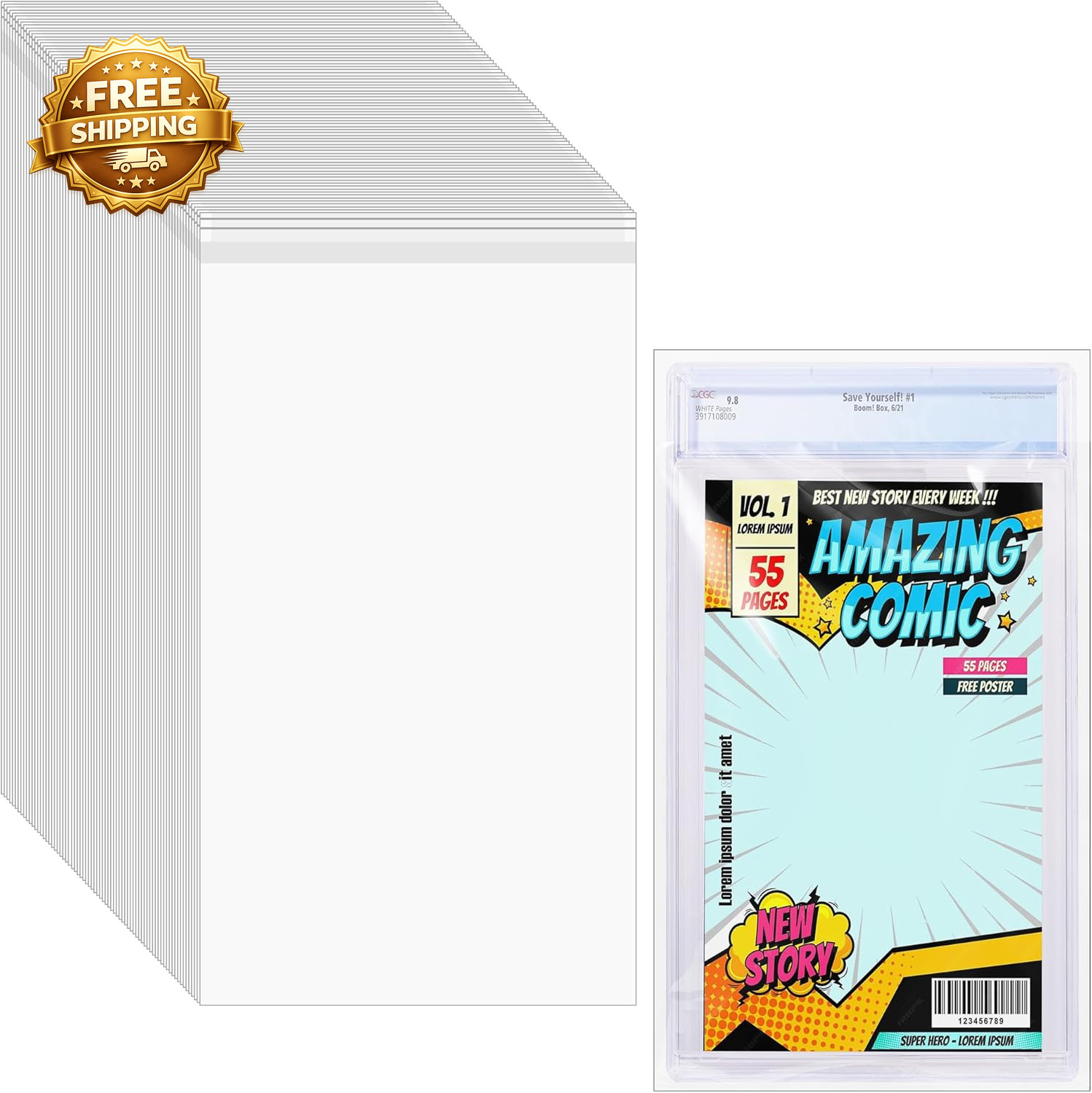 50 Pcs Resealable Graded Comic Book Bags,Clear Plastic Comic Sleeves for CGC and
