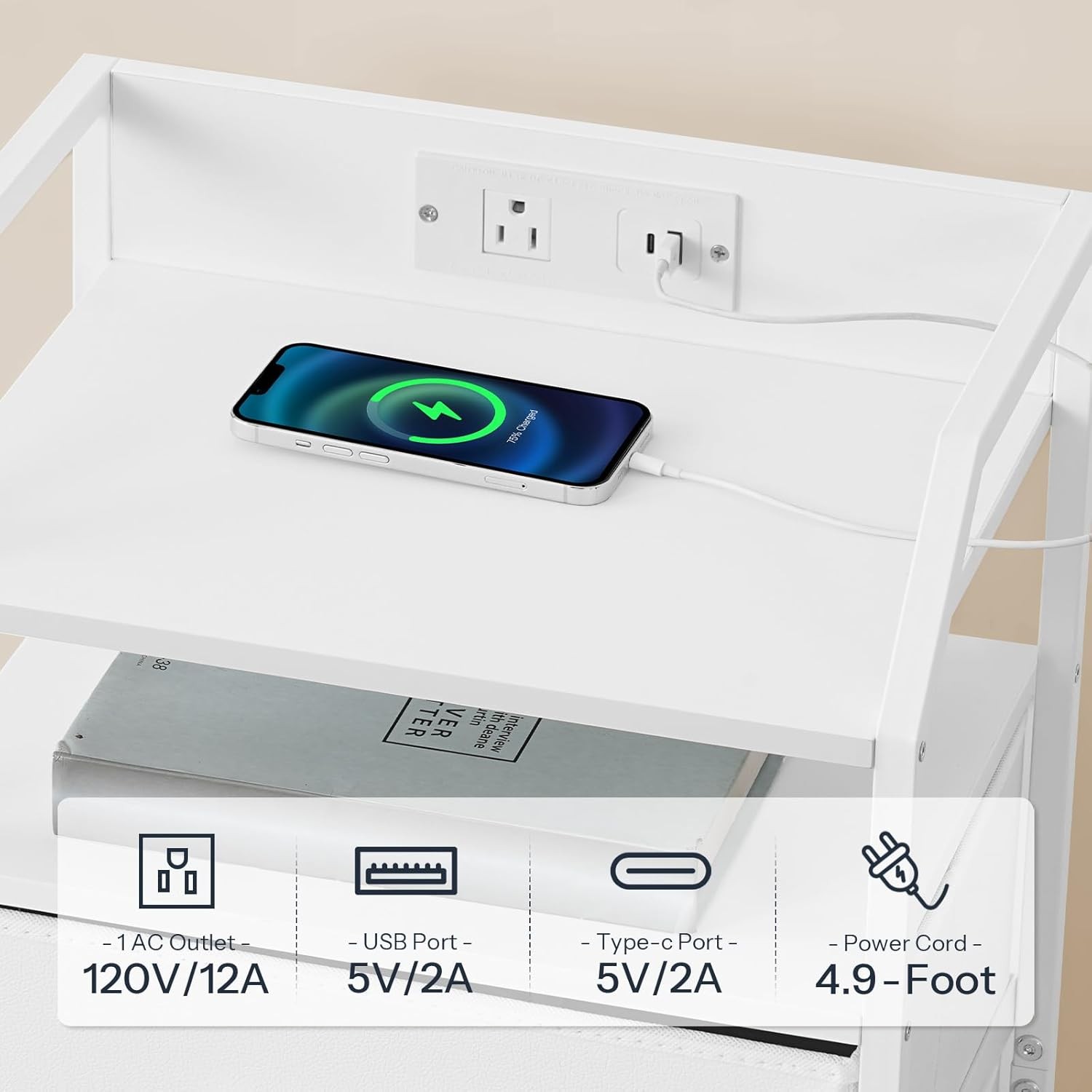 HOOBRO Nightstand with Charging Station, Bedside Table 1 AC White