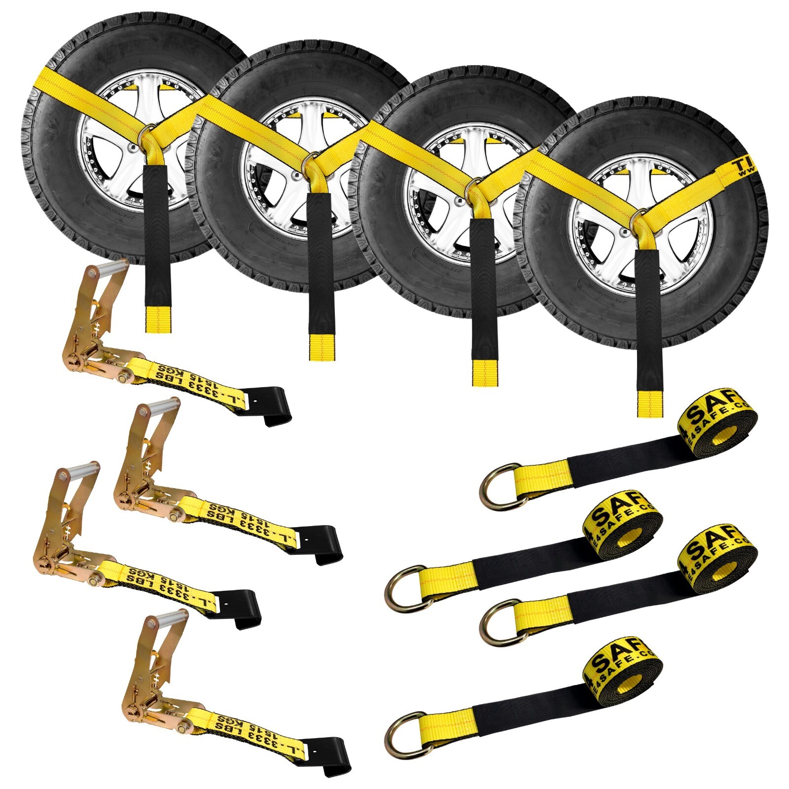 4 Set 2" x 10' Side Mount Wheel Net Tie Down Ratchet Strap Flat Hook Yellow