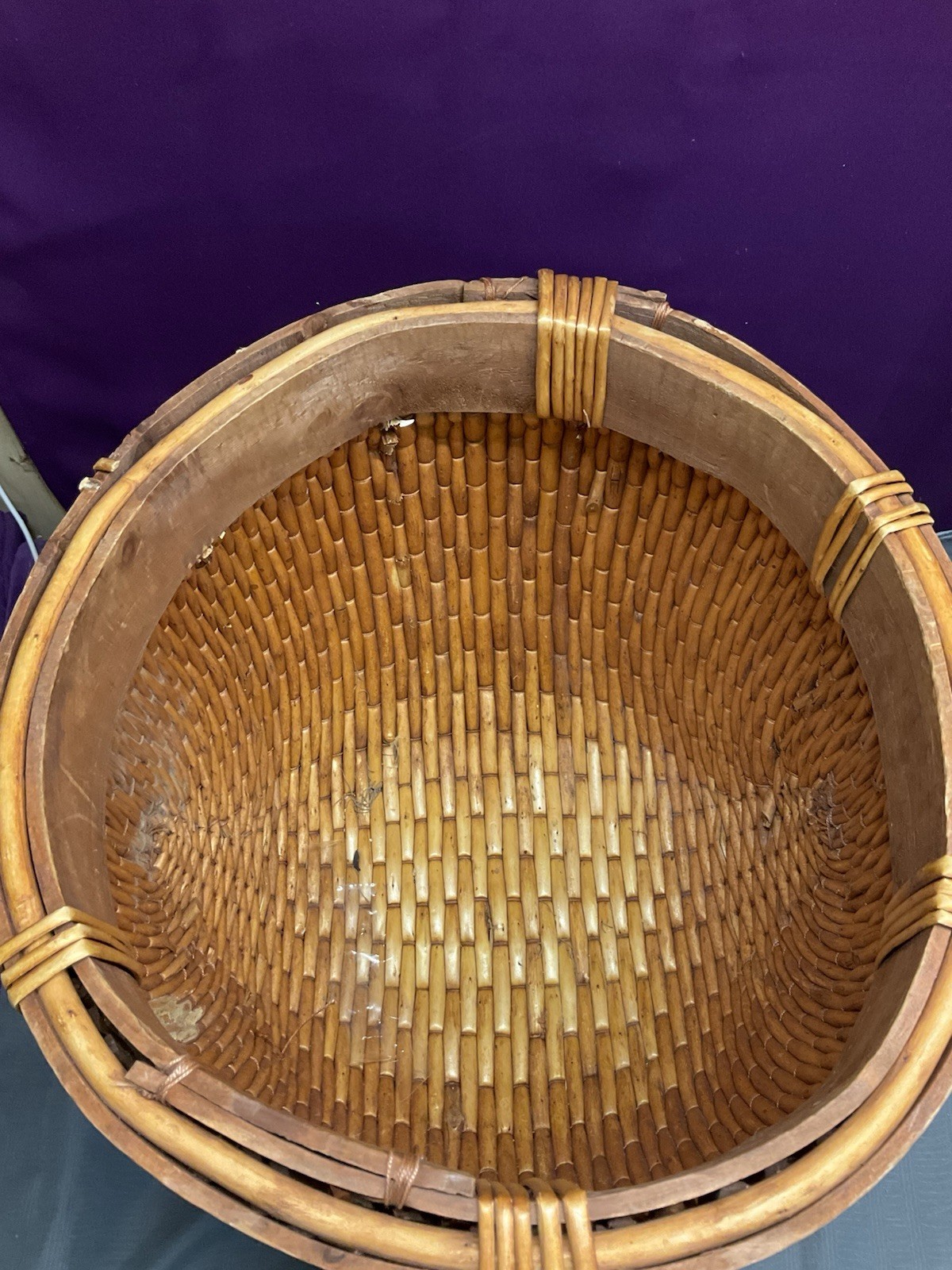 Large Oval Woven ASIAN Gathering Basket Missing Wood Handle