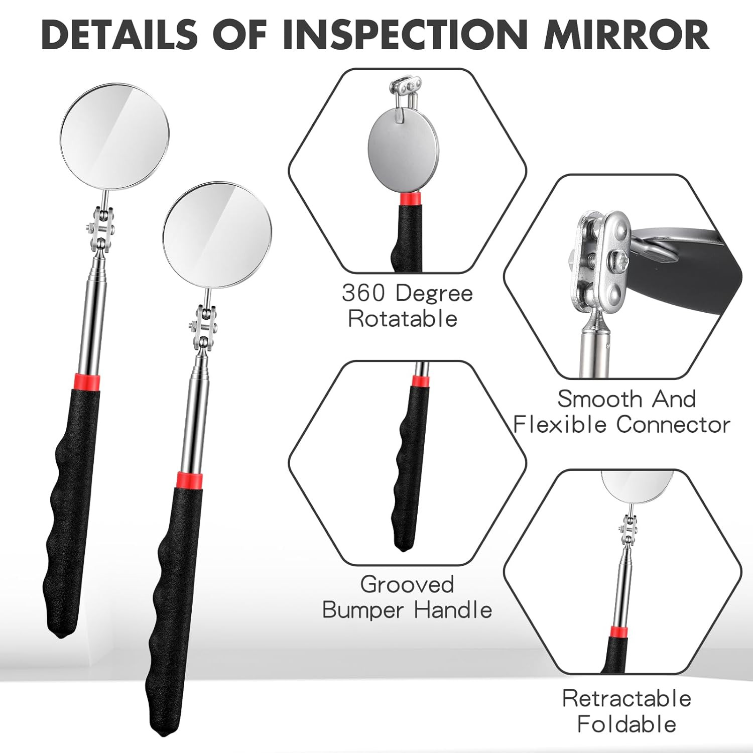 2 Pack Telescoping Inspection Mirror Tool Extendable 360° Swivel Mechanic Mirror