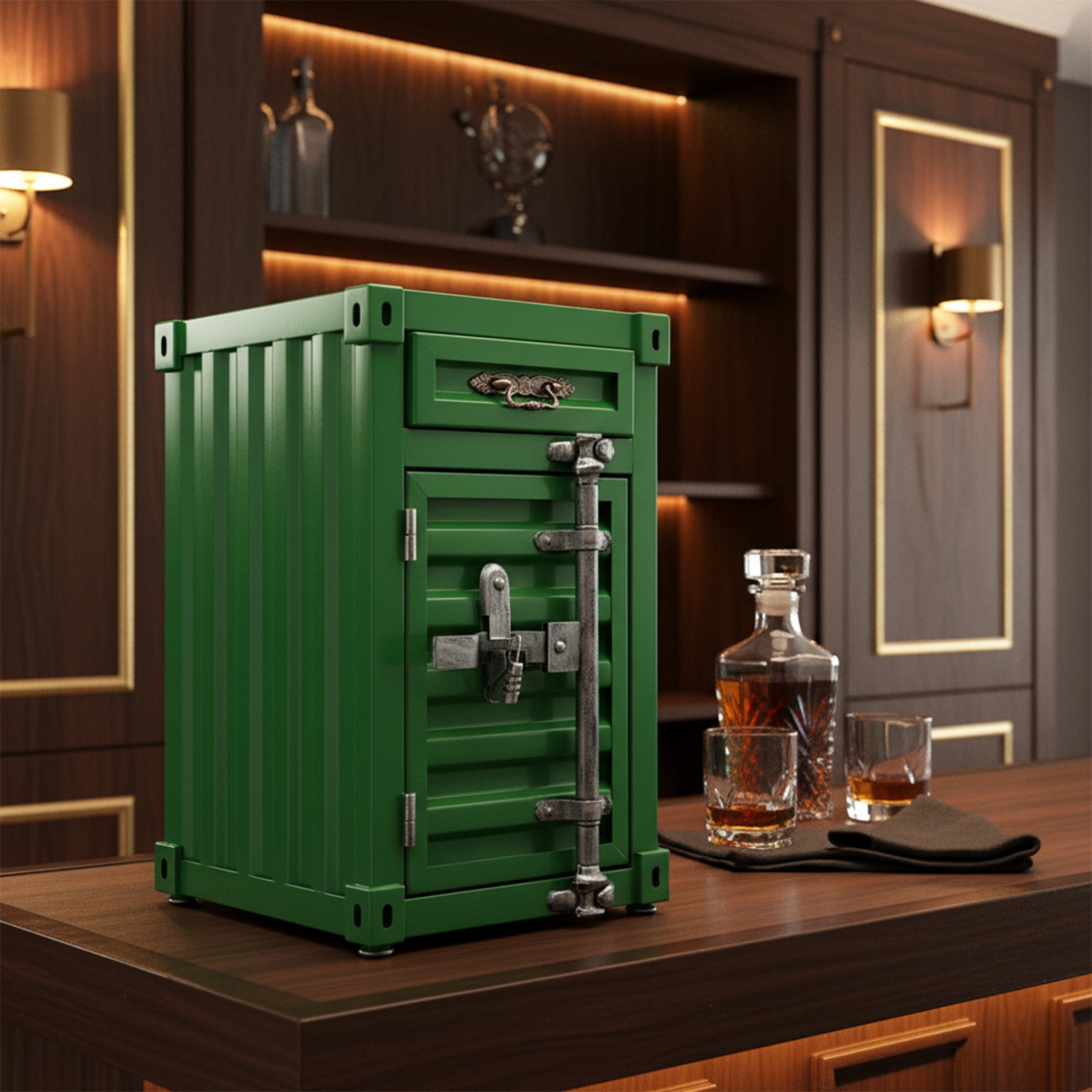 Industrial Metal Container Side Table, Container Style Side Table with Drawer