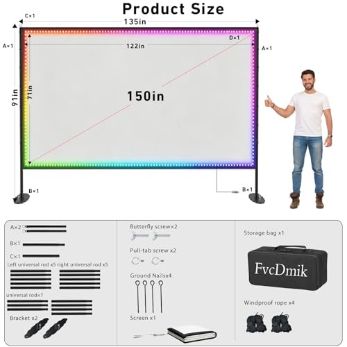 Projector Screen with Stand, USB String Lights Connection 16:9 4K HD 150 inch
