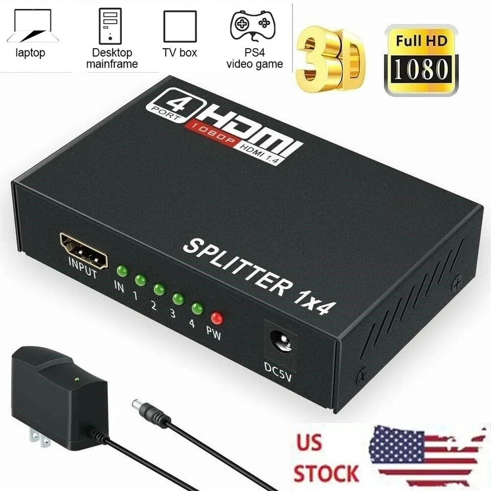 HD 4K 4 Port HDMI Splitter 1x4 Repeater Amplifier 1080P 3D Hub 1 In 4 Out
