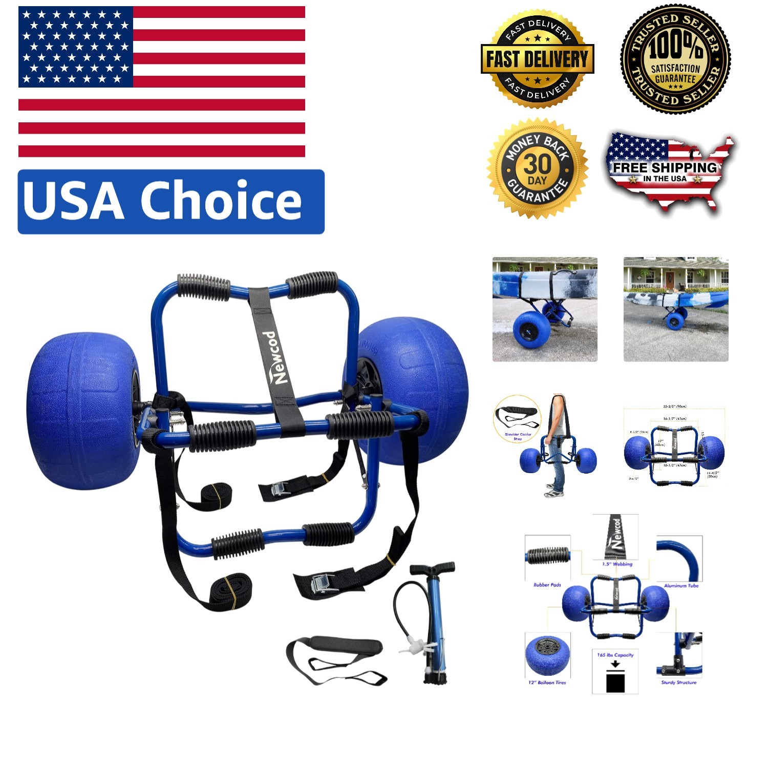 Portable Kayak Transport Cart - Aluminum Frame, 165 lbs Capacity, Beach Ready