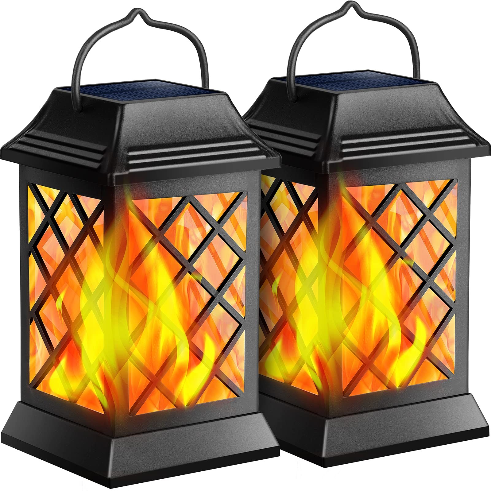 TomCare Solar Lantern Flickering Flame Outdoor Hanging 2 Pack Black