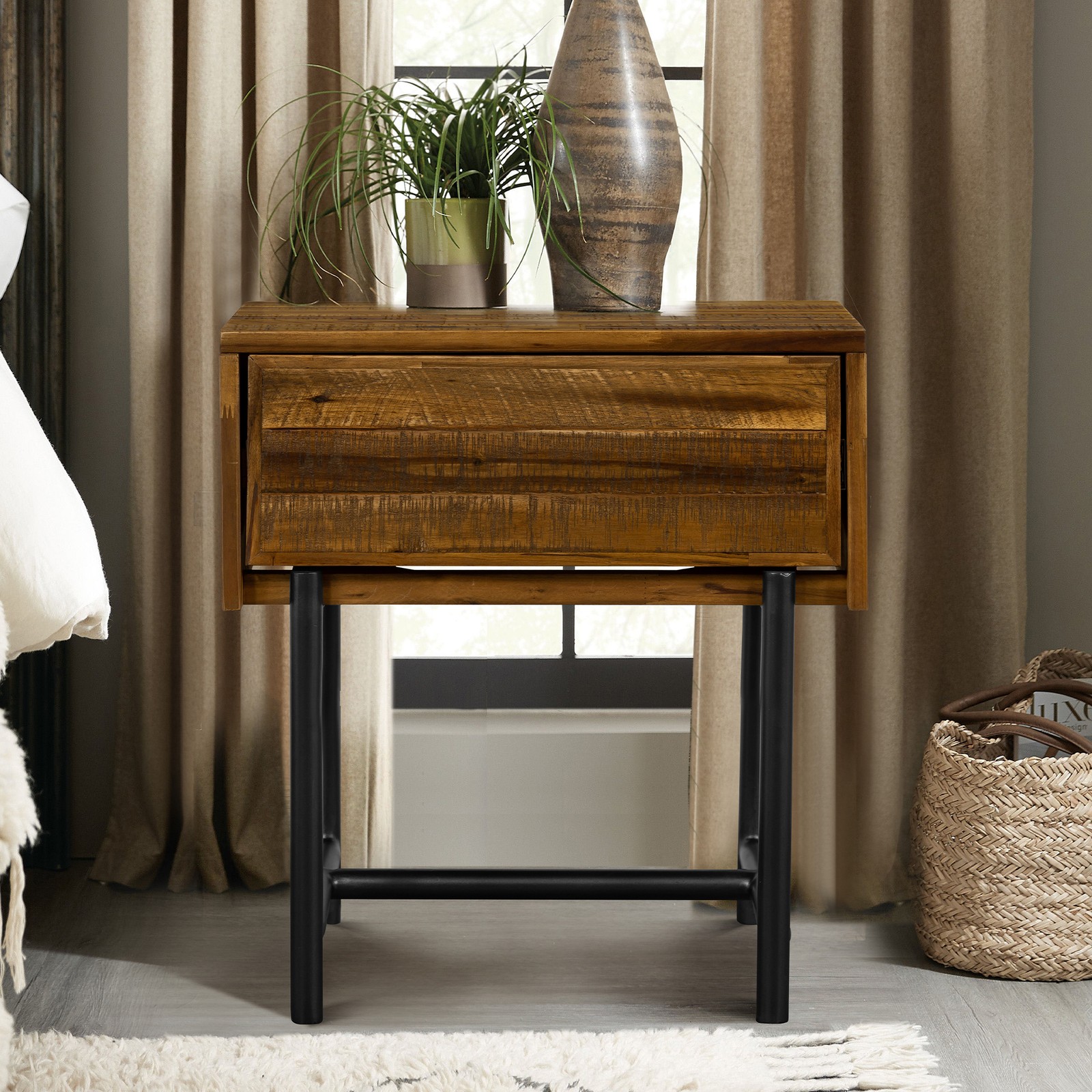 Cusco Rustic Acacia Single Drawer Night stand， Antique Acacia Finish