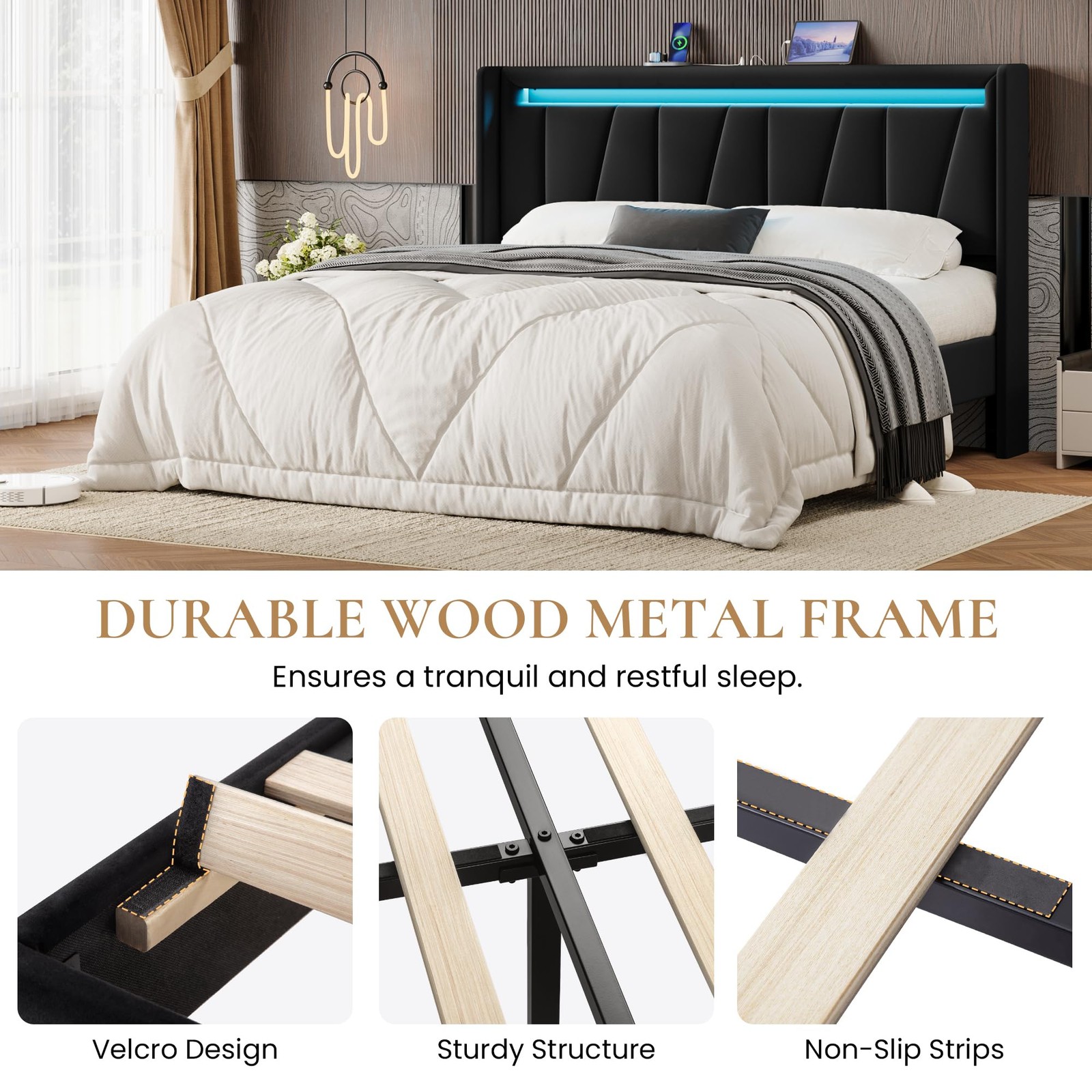 Full Size Bed Frame with Charging Station and LED Lights, Modern Velvet Platf...