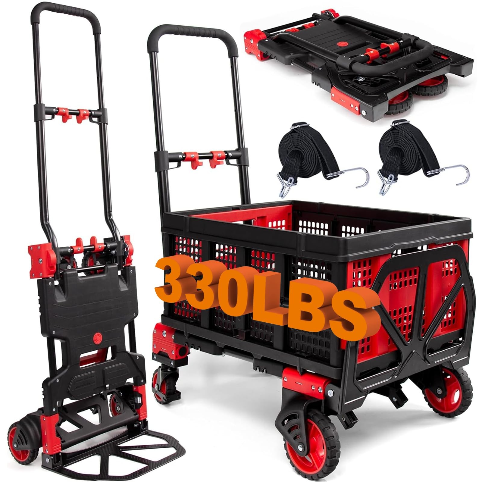 2-in-1 Folding Hand Truck with Folding Basket,Hand Truck with Retractable Han...