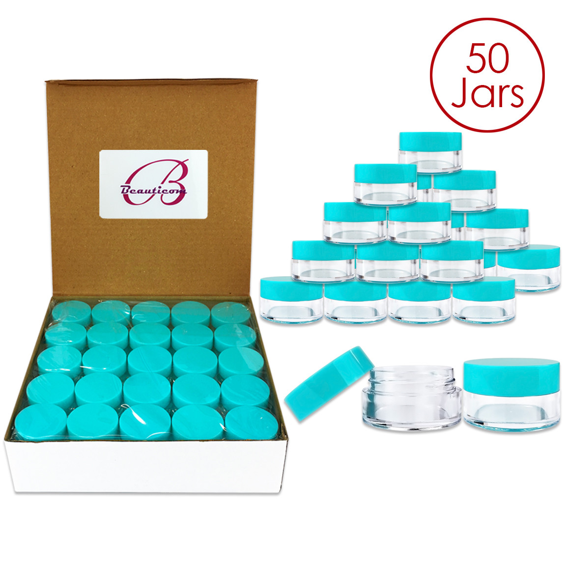 Beauticom® 5G/5ML (50 PCS) HQ Round Clear Plastic Refillable Jars w/Teal Lids