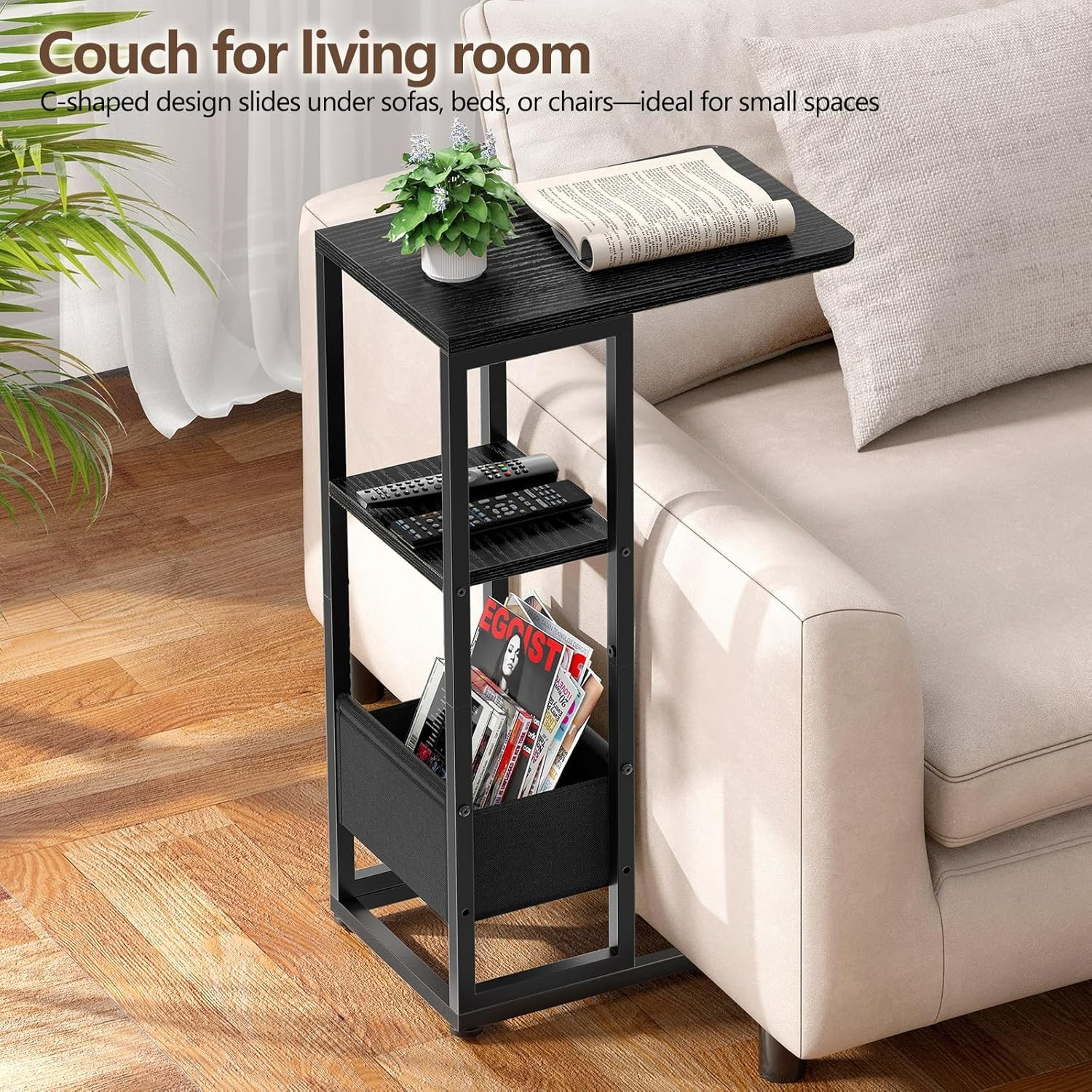 C Shaped End Table, Small Side Table for Couch, Recliner with Storage Bag