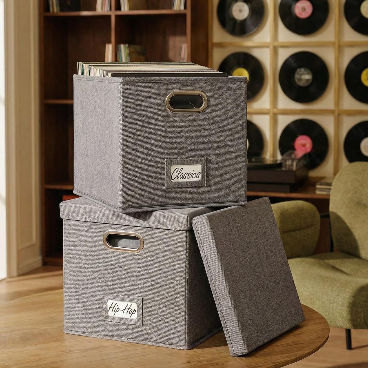 Decorative Vinyl Record Storage Box for 50+ Single Records - Sturdy and Easy ...