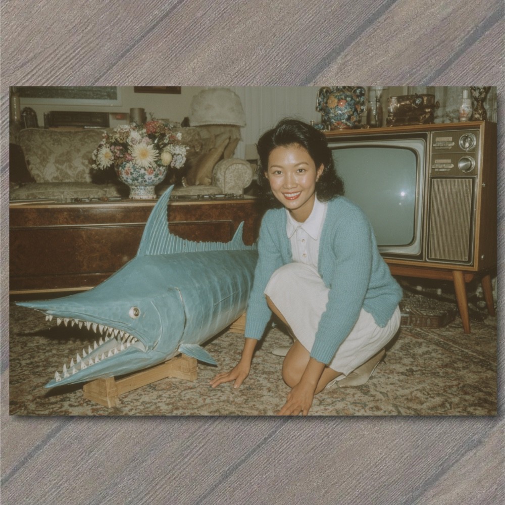 POSTCARD Woman Barracuda Living Room Retro Television Mid Century Oddity