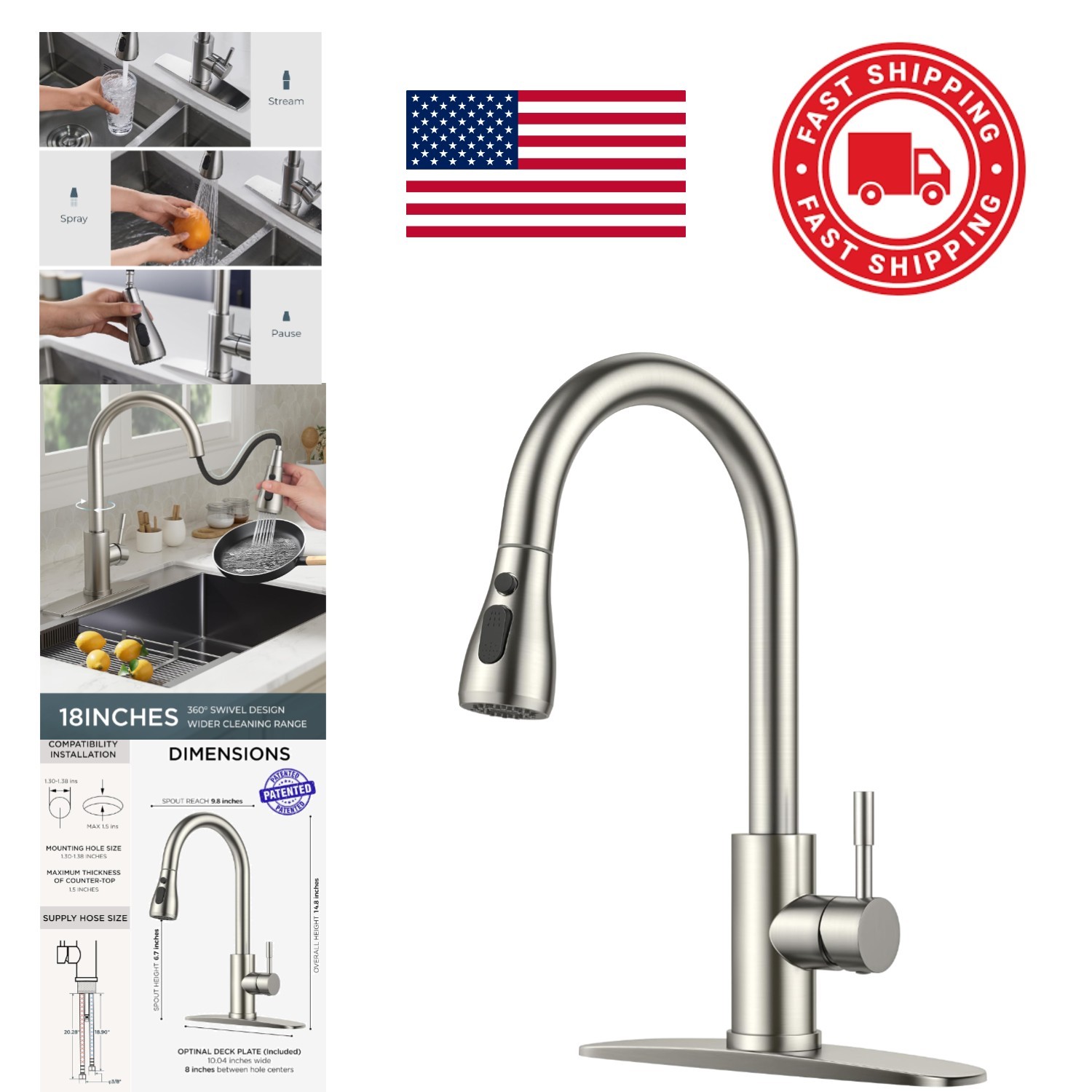 Traditional Kitchen Faucet Brushed Nickel with Leak Resistant Pull Down Sprayer