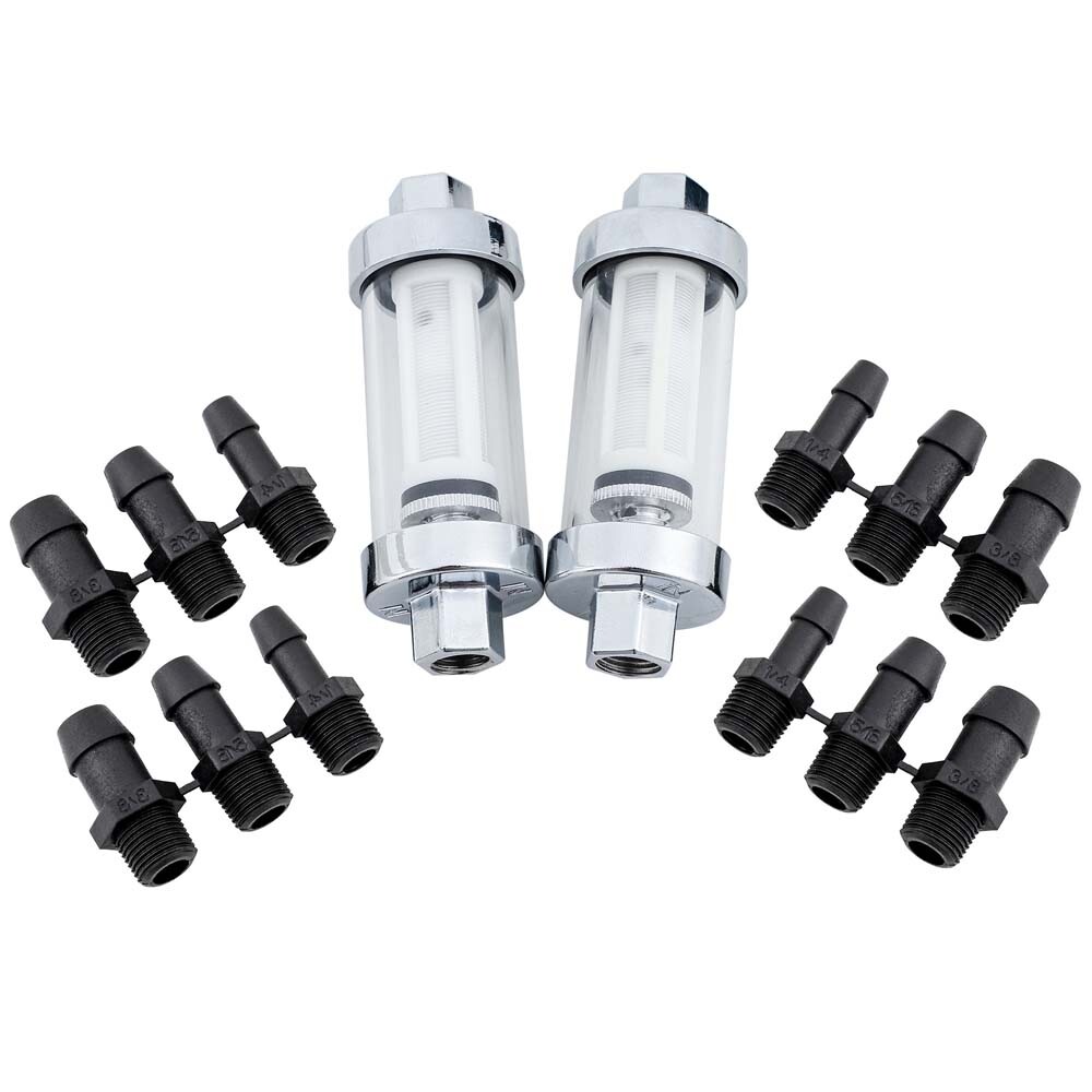 2PCS Universal 1/4" 5/16" 3/8" Chrome Glass Reusable Washable Inline Fuel Filter