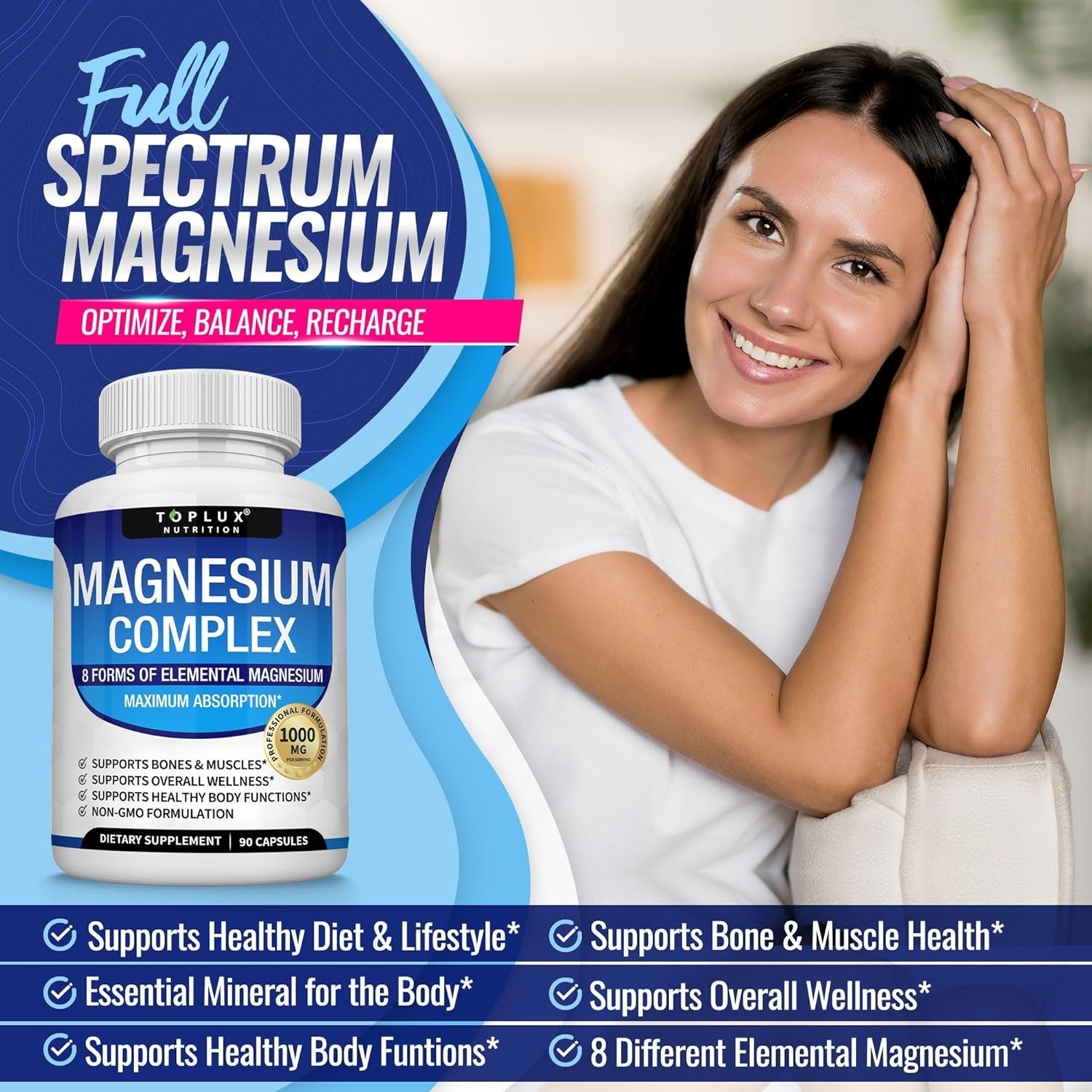 TopLux Nutrition Magnesium Complex 1000mg, 8 Forms for Sleep, Muscle & Bone