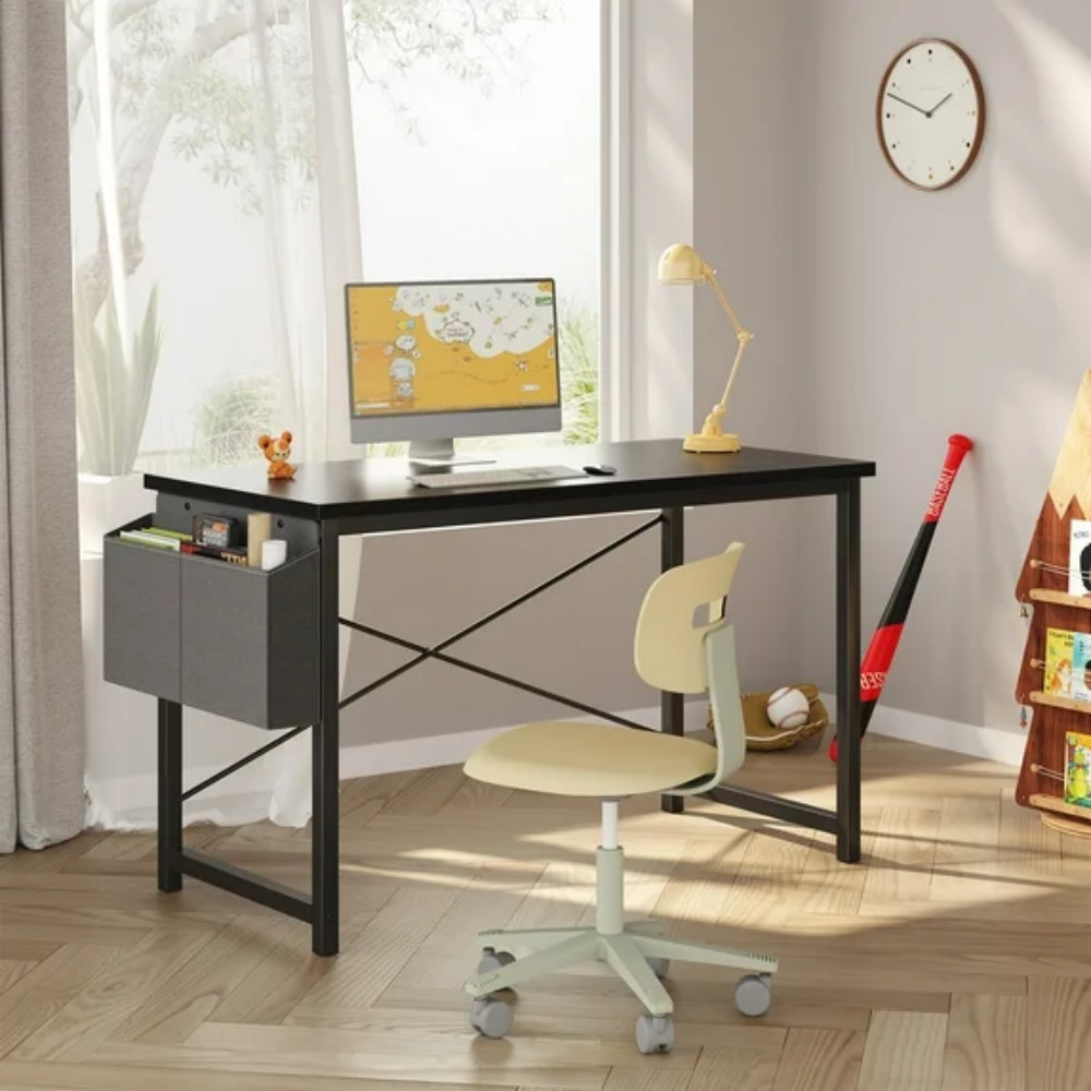 47" Computer Desk with Metal Frame Waterproof Surface and Storage Bag Black