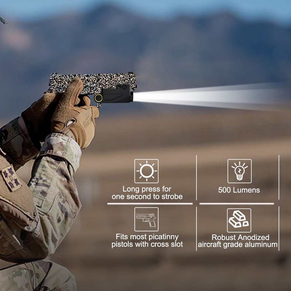 Tactical Pistol Flashlight 500LM LED Weapon Light USB Rechargeable Subcompact