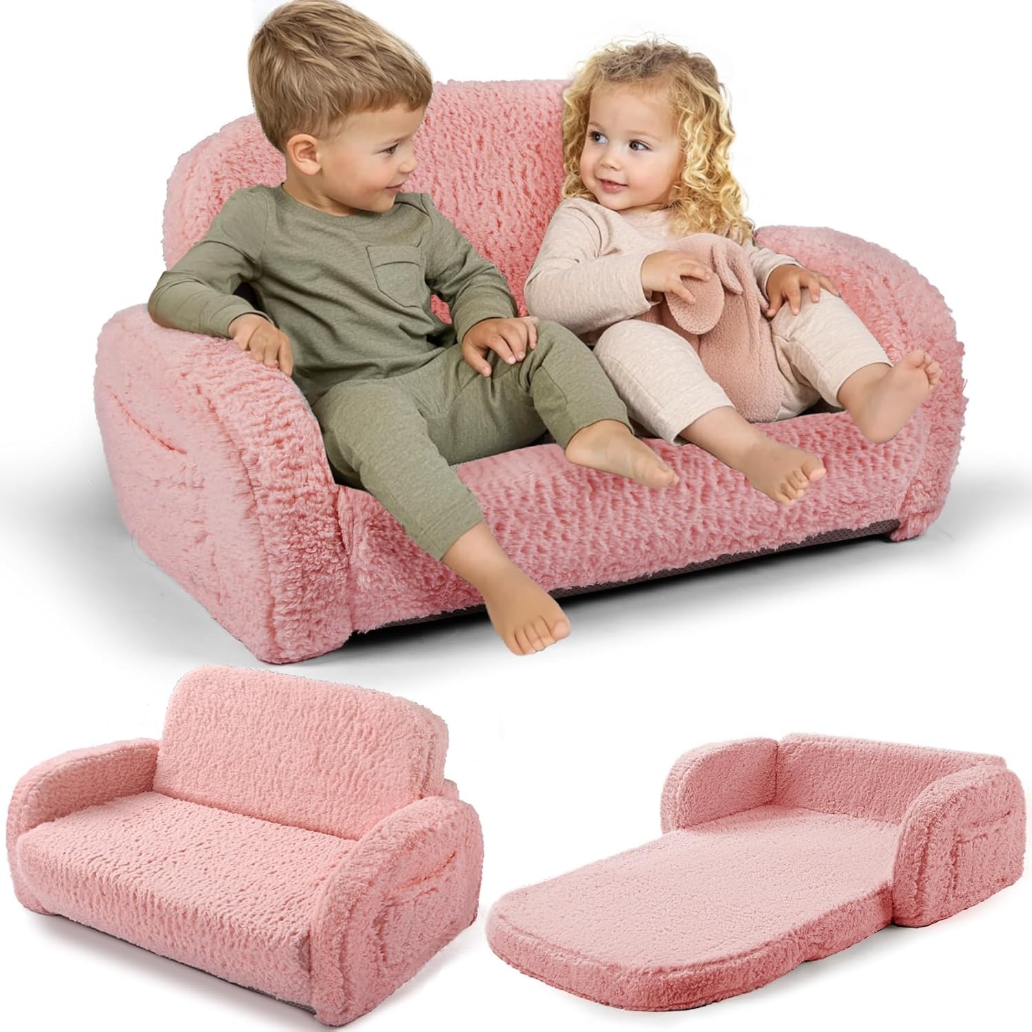 2-in-1 Sherpa Fold Out Kids Couch Extra Wide Comfy Toddler Chair Convertible NEW