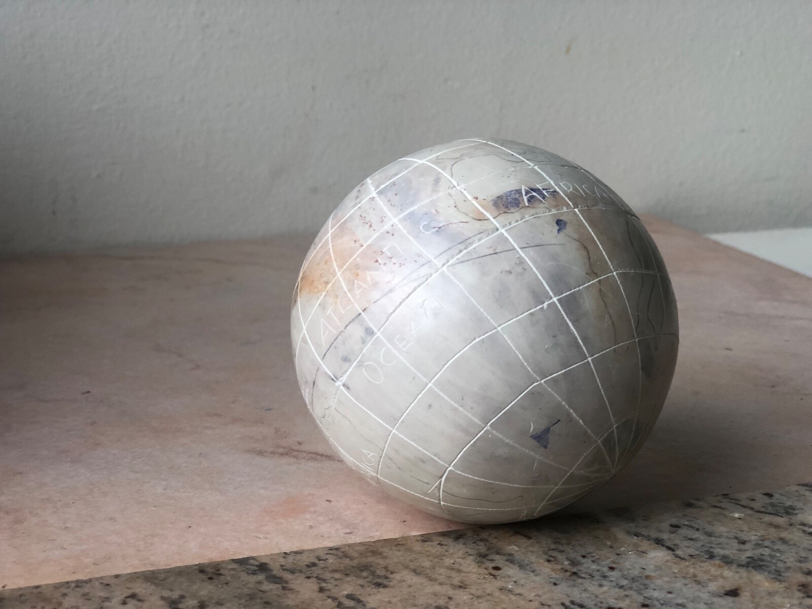 Unique Vintage Carved and Handpainted Stone Globe / World Map