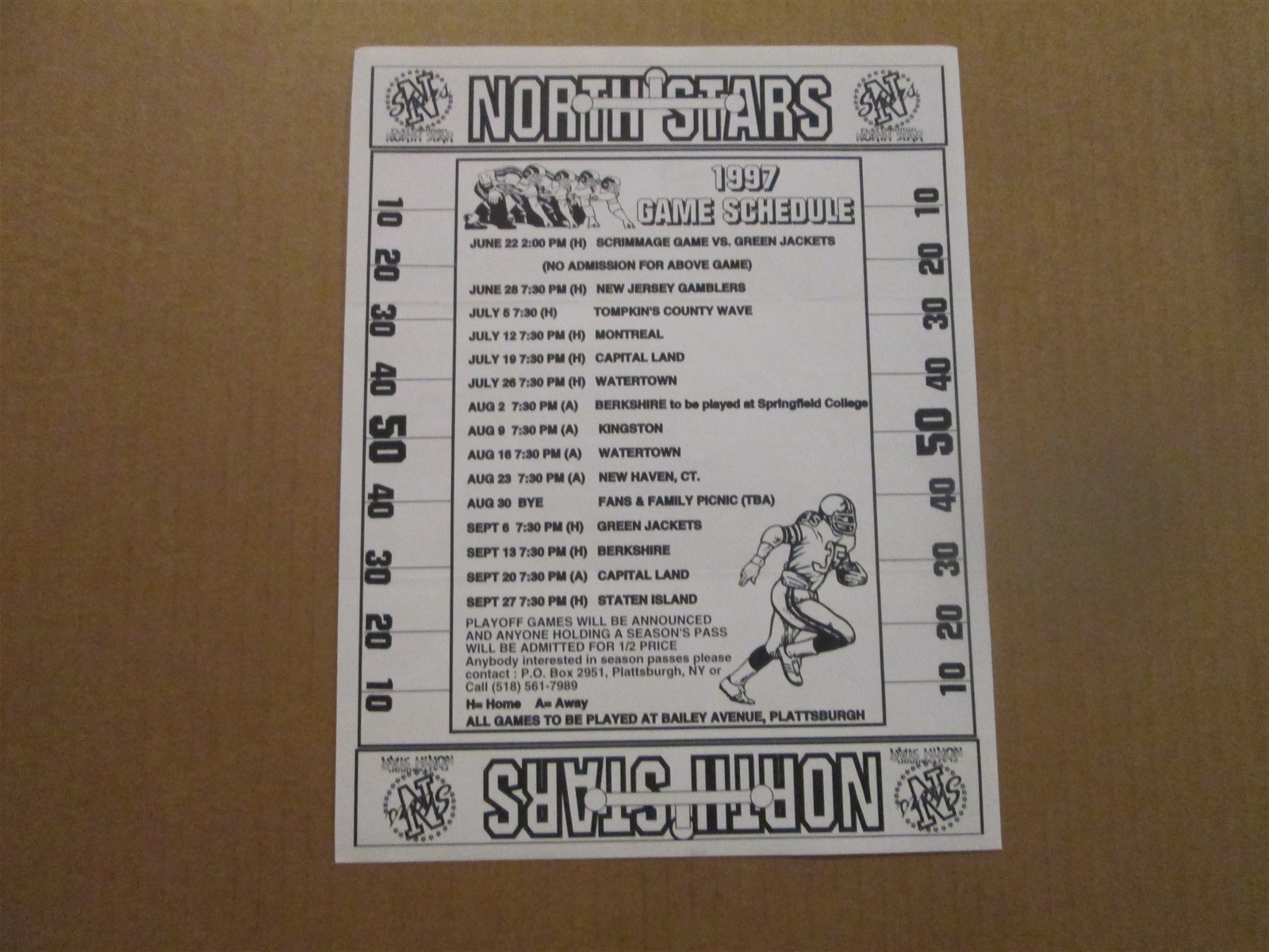 Semi-Pro Football Plattsburgh North Stars Dated 1997 Schedule Letterhead
