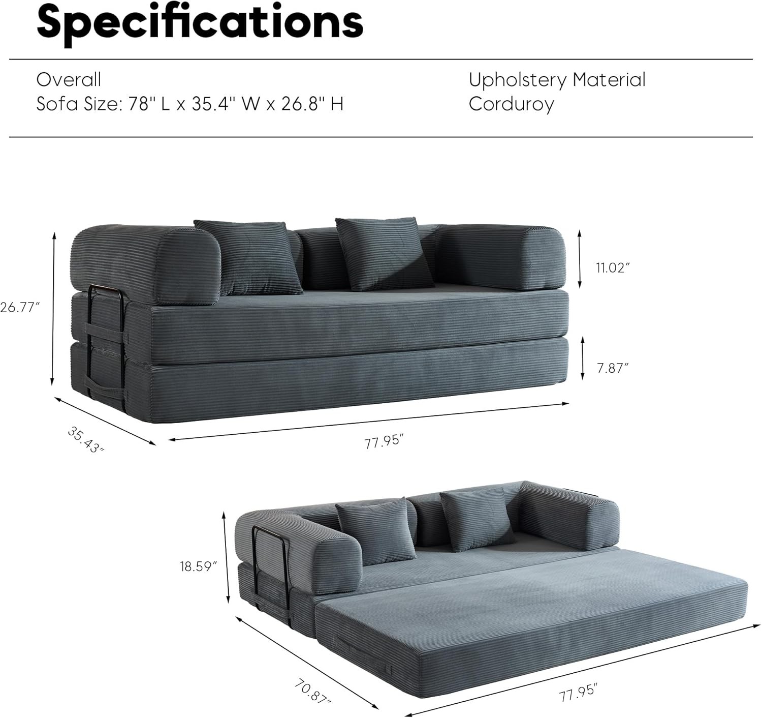 77.9" Convertible Floor Bed Folding Couch with Back Support Fixed-Shape Frame