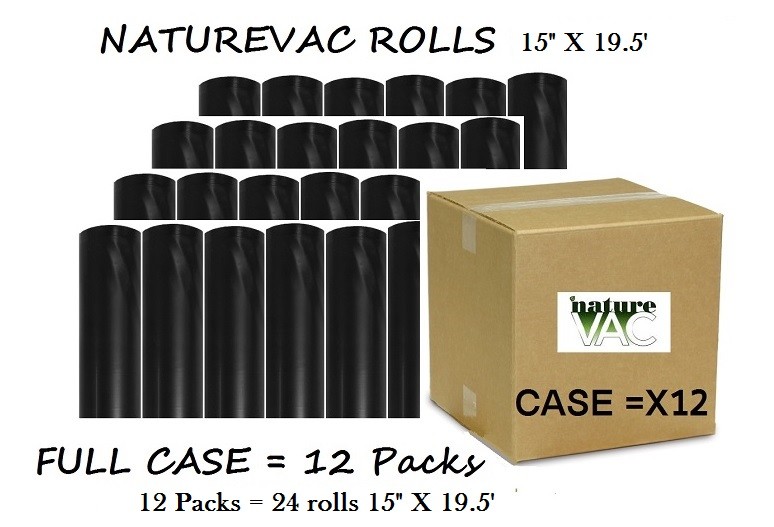 12 PACKS = 24 Rolls NatureVac Vacuum Seal Bags 15" X 19.5' BLK / CLR FREE SHIP