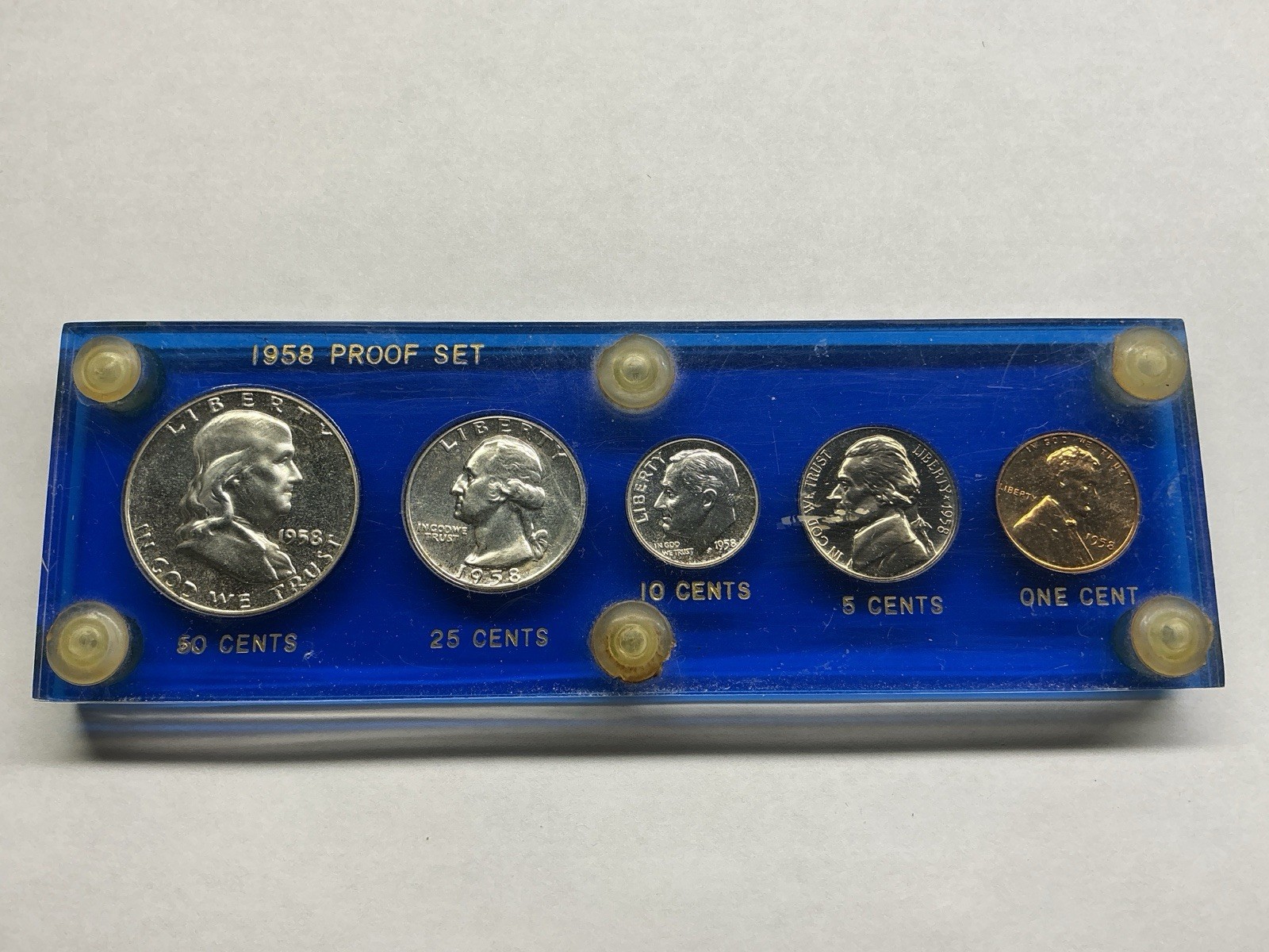1958 US Mint Silver Proof Set with Vintage Blue Capital Holder 071026 51dk