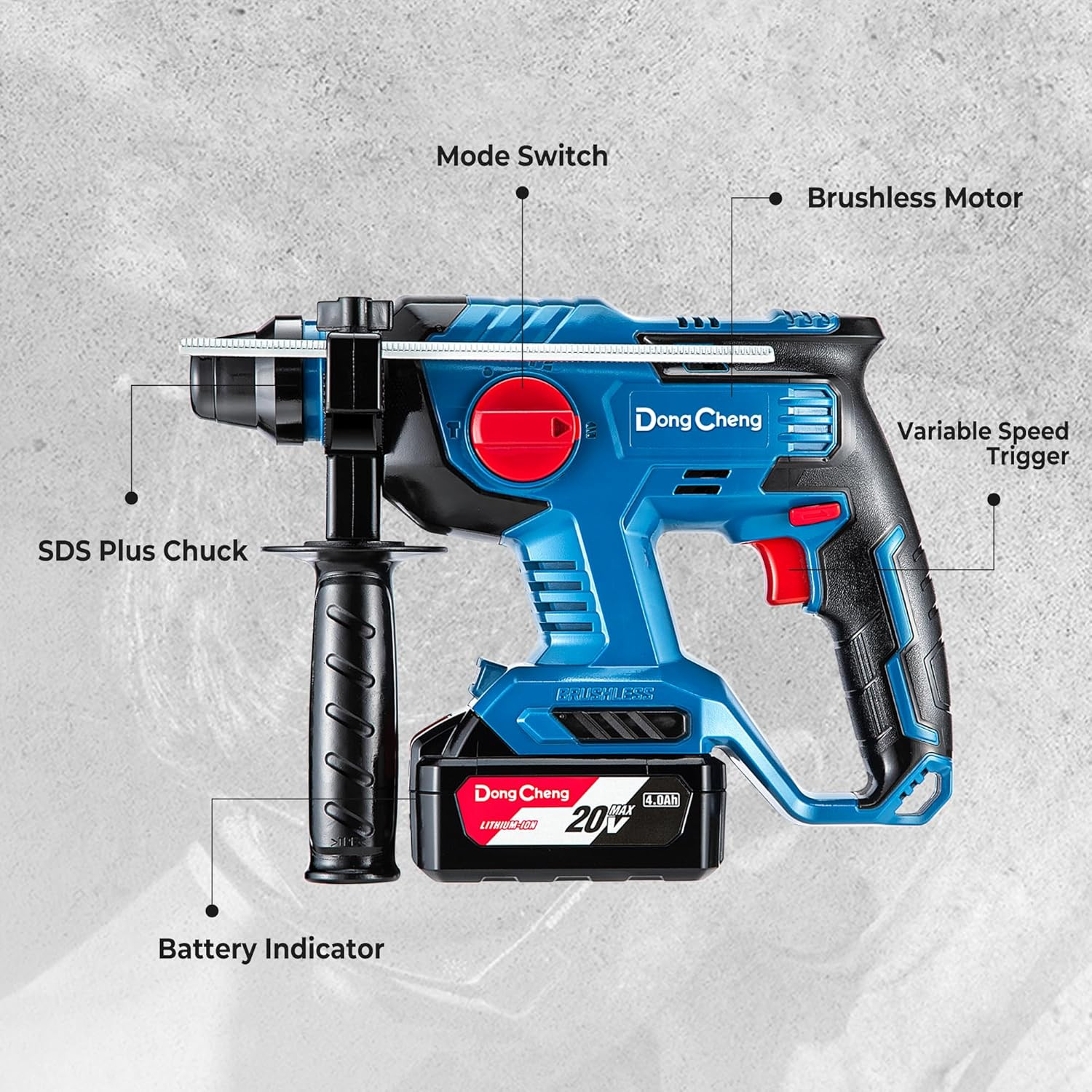 DongCheng 20V Max Brushless Rotary Hammer Drill, 7/8" SDS-Plus, 2.1 J Impact, 4