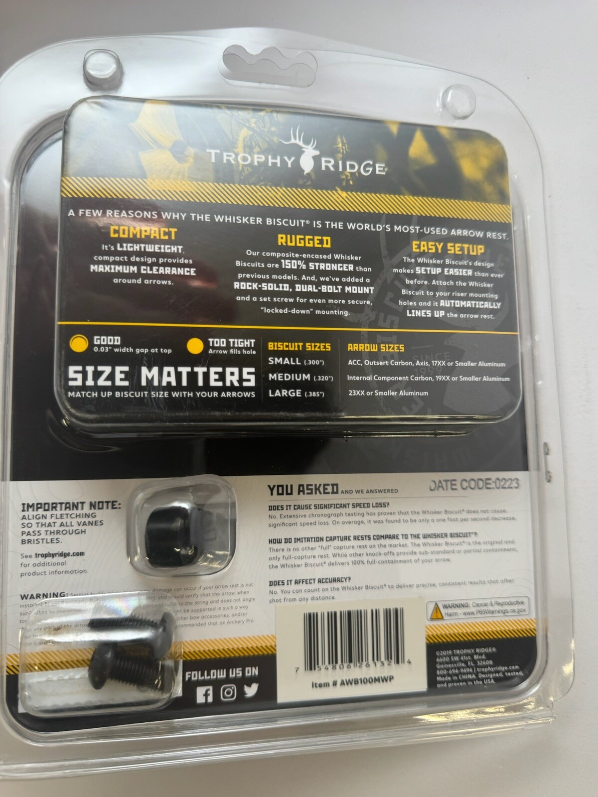 Trophy Ridge Whisker Biscuit Quick Shot - MEDIUM - Archery Rest - NEW!