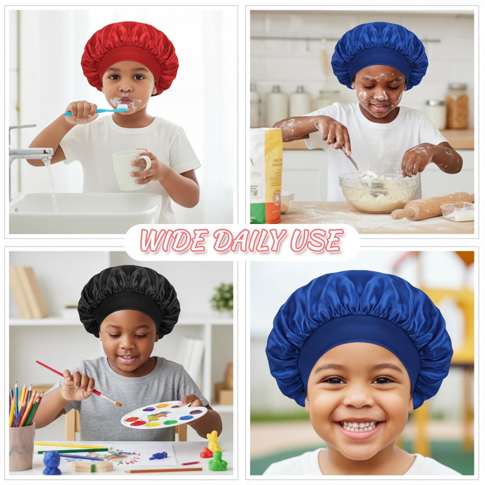 3 PCS Kids Satin Bonnet, Elastic Kids Silk Bonnet for Sleeping, Wide Band Bon...