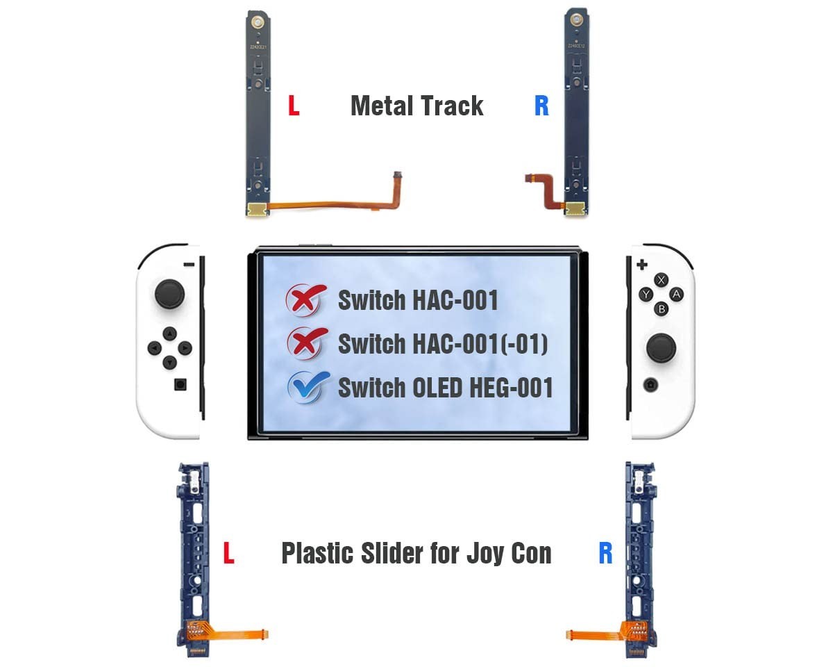 Slide Rail Replacement for OLED Switch & Joy-Con Controller - Metal T-Track & Fl
