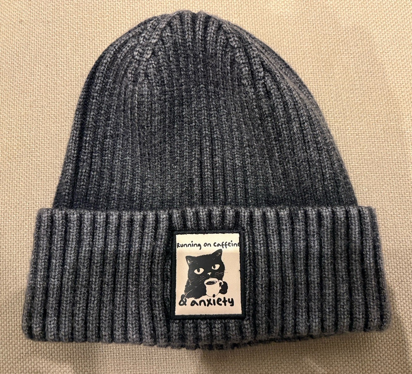 Hatphile One Size, Running on Caffeine & Anxiety Black Cat Vintage Gray Beanie