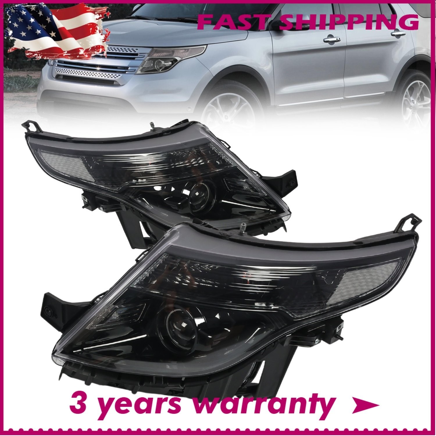 Headlight For 2011-2015 Ford Explorer[Black/Clear]Crystal Corner Projector Lamp