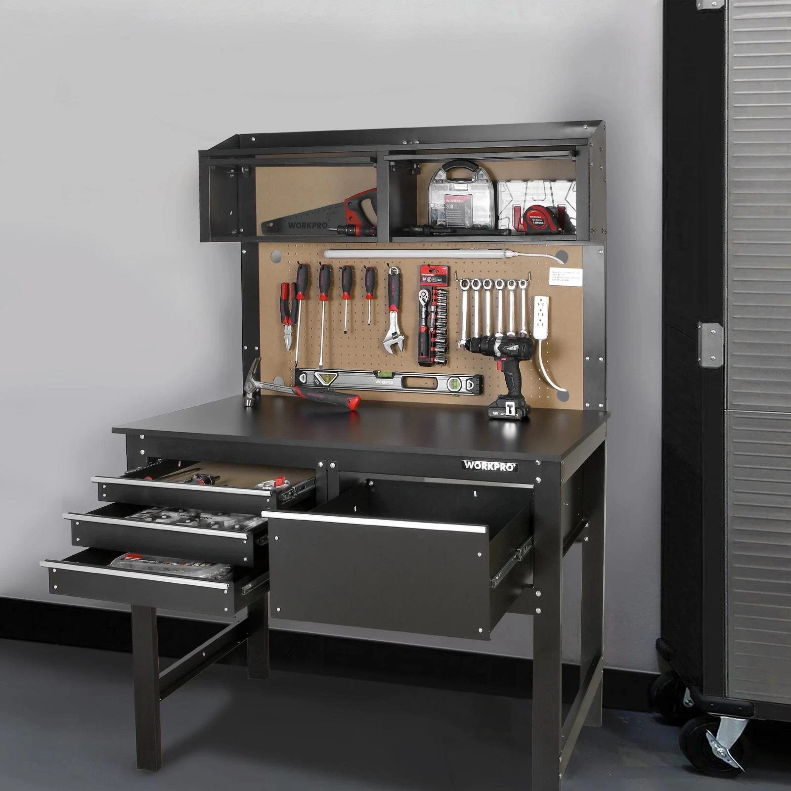 WORKPRO 2-In-1 Steel Garage Combo Workbench Workshop Tool Storage Cabinet Light