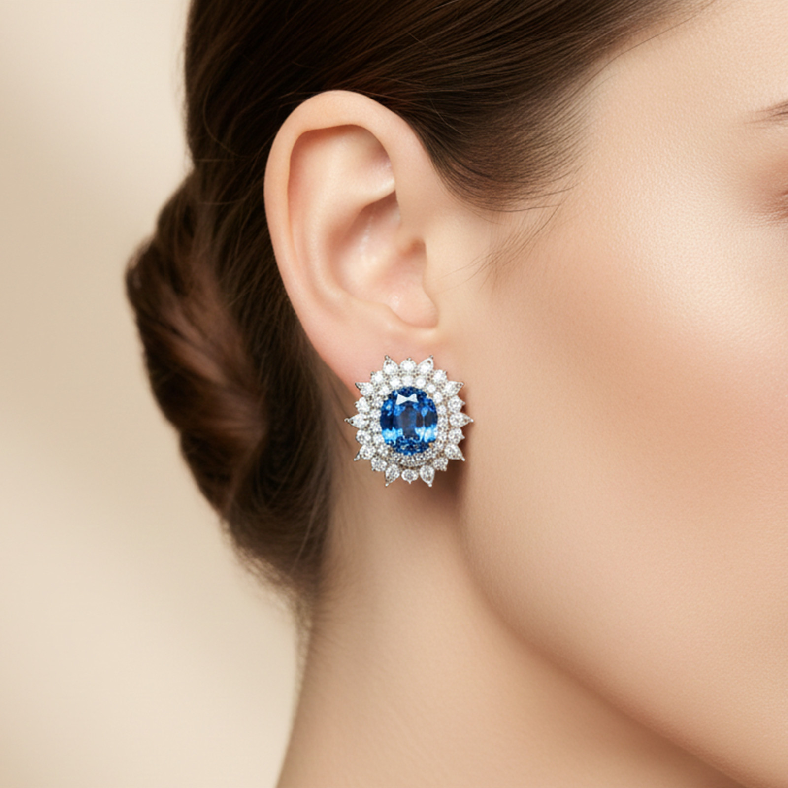 Glittering Vivid Blue Sapphire 15.15Ct 925 Sterling Silver White Gold Earrings