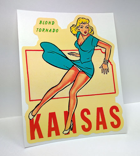 Kansas "Blonde Tornado" Pinup Vintage Style Decal / Vinyl Sticker, Luggage Label