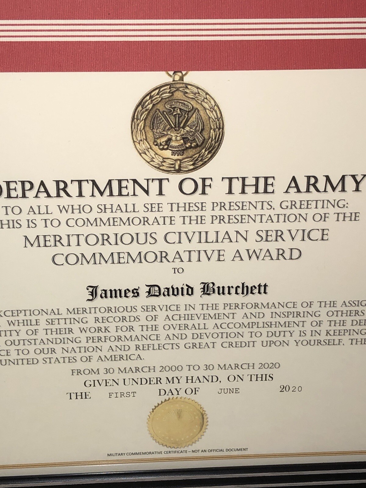 MERITORIOUS CIVILIAN SERVICE COMMEMORATIVE AWARD CERTIFICATE ~ Type-1
