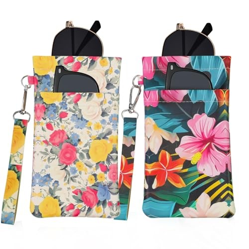 Double Eyeglass Case Soft Dual Glasses Case for Women Men 2 Black+beige Flower