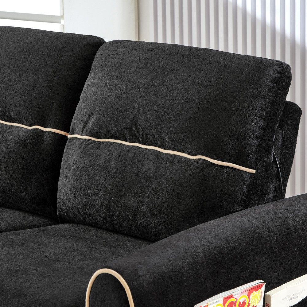 Chenille Sofa Bed Pull Out Sleeper w/ USB Charging, 3-Position Backrest Black