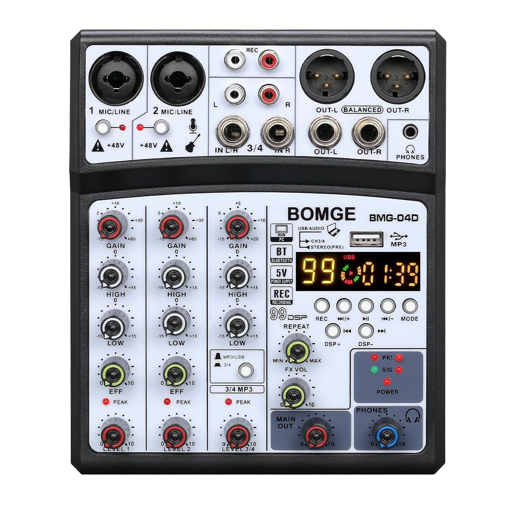 BOMGE 04D Ultra-Portable 4 Channel Audio Mixer, Lightweight DJ Sound black