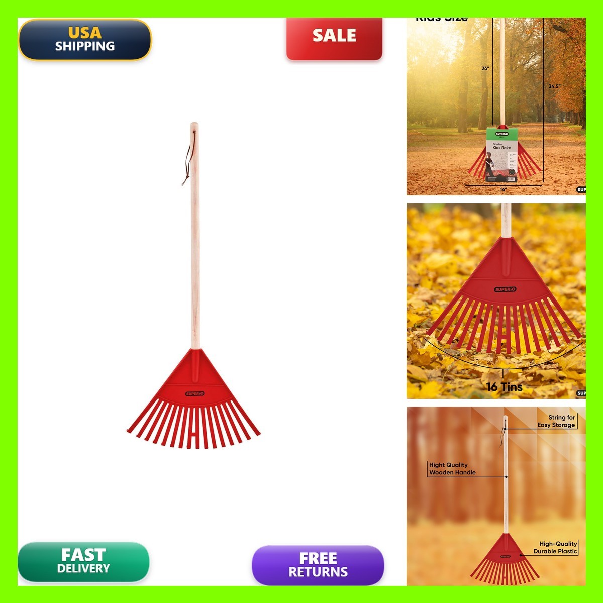 Superio 24-Pack Red Kid Size Leaf Rake with Wood Handle